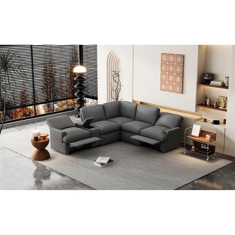 Canapé modulaire gris foncé de 104 po avec fonction d'inclinaison, boîte de rangement, porte-gobelets, ports et douille pour rangement inclinable, prise de courant