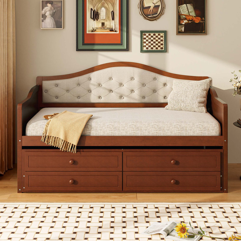 Twin Wooden Daybed with Pull-Out Trundle, Drawers, Walnut