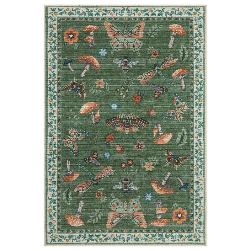 Floral Machine Washable Rug with Non-Slip Backing, Soft Thin Low Pile Non Shedding Floor Carpet, Indoor Foldable Printed Accent Mat for Living Room/Nursery/Bedroom