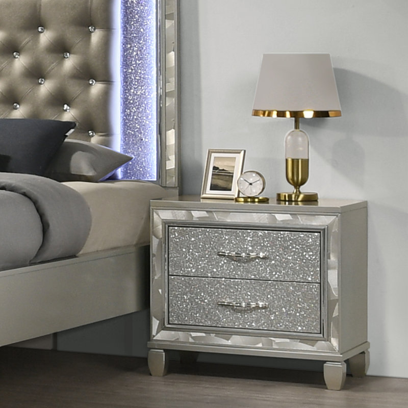Table de chevet 2 tiroirs Joi, Argent argent