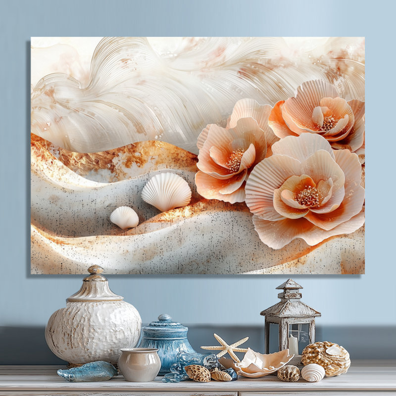Coquillage blanc et paysage de plage marbré II - reproduction côtière sur métal, H 34 po x l 44 po