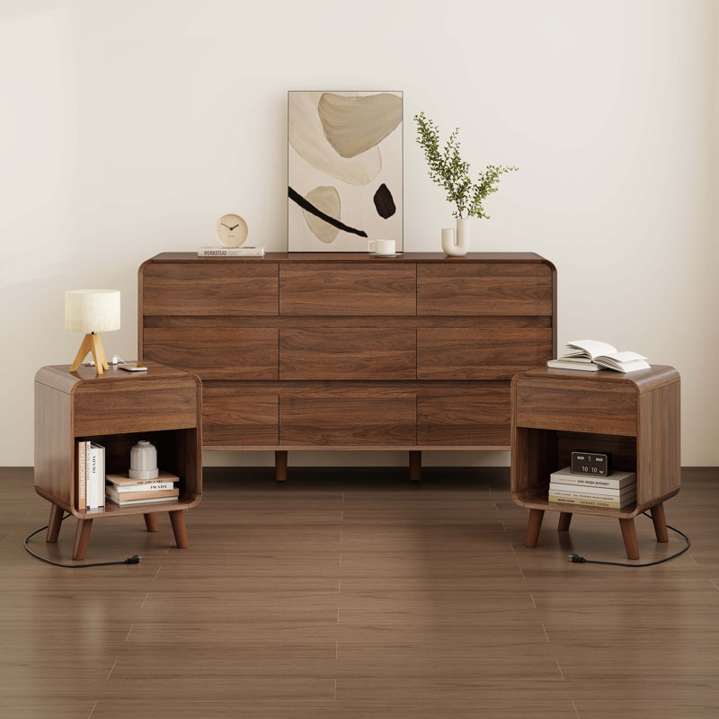 Table de chevet avec commode de chambre à coucher avec 2 tiroirs, commode moderne en noyer et table de chevet avec 1 tiroir