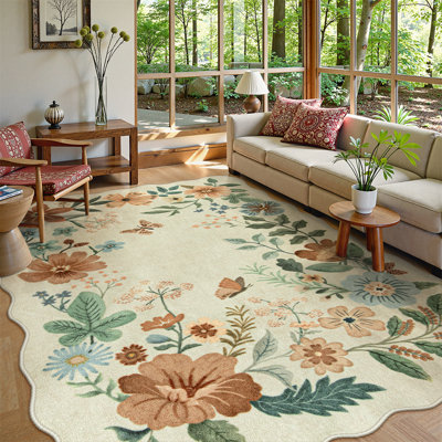Floral Washable Rugs Non-Slip Soft Rugs for Living Room Bedroom Ultra-Thin Boho Accent Carpet