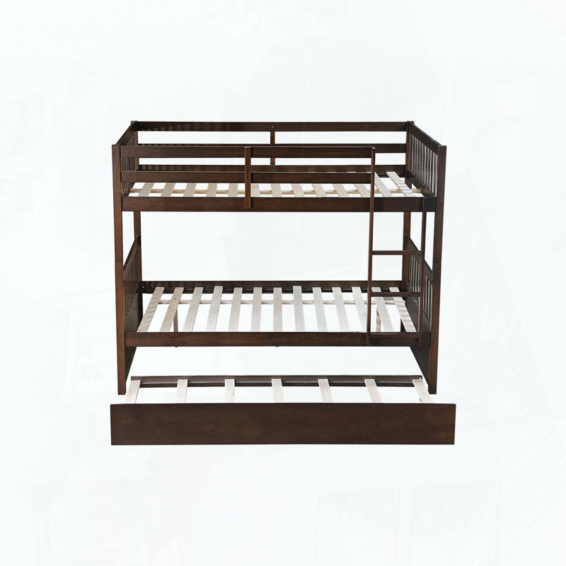 Full Over Full Rubber Wood Bunk Bed with Trundle and Convertible Design, Espresso