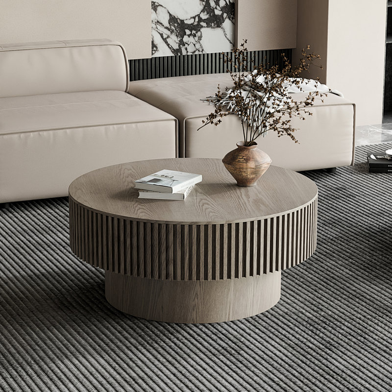 Table basse 31,5 "ronde avec rangement Table d'appoint moderne en placage de bois massif, Grey