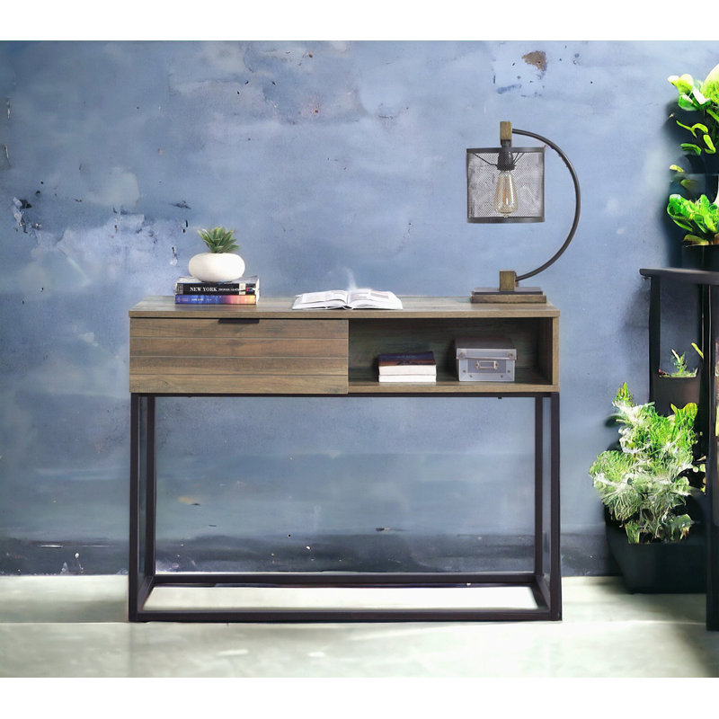 Rustic Oak And Black Writing Desk With Drawer And Shelf