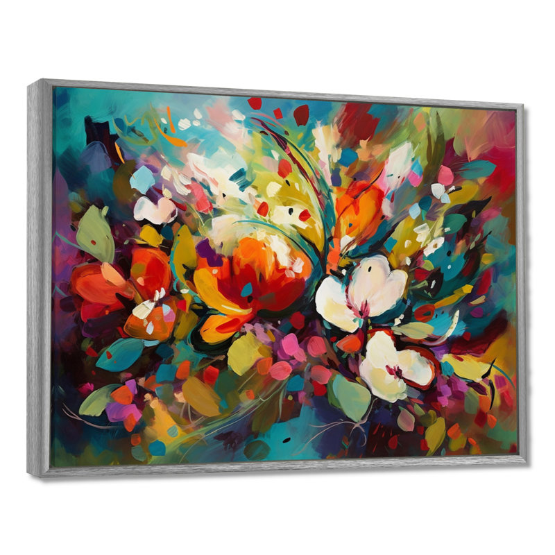 Rynette Red Vibrant Garden Symphony III - Art mural floral, H 30 po x l 40 po x P 1,5 po, Encadrement argenté