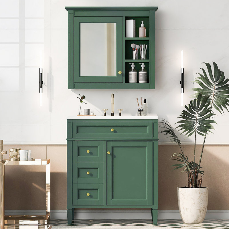 Ensemble de meuble-lavabo autoportant 30 po avec lavabo supérieur, meuble-lavabo moderne avec 2 tiroirs et tiroir coulissant, ensemble de meuble-lavabo autoportant avec miroir et meuble-lavabo simple (identique à SW000126AAF)