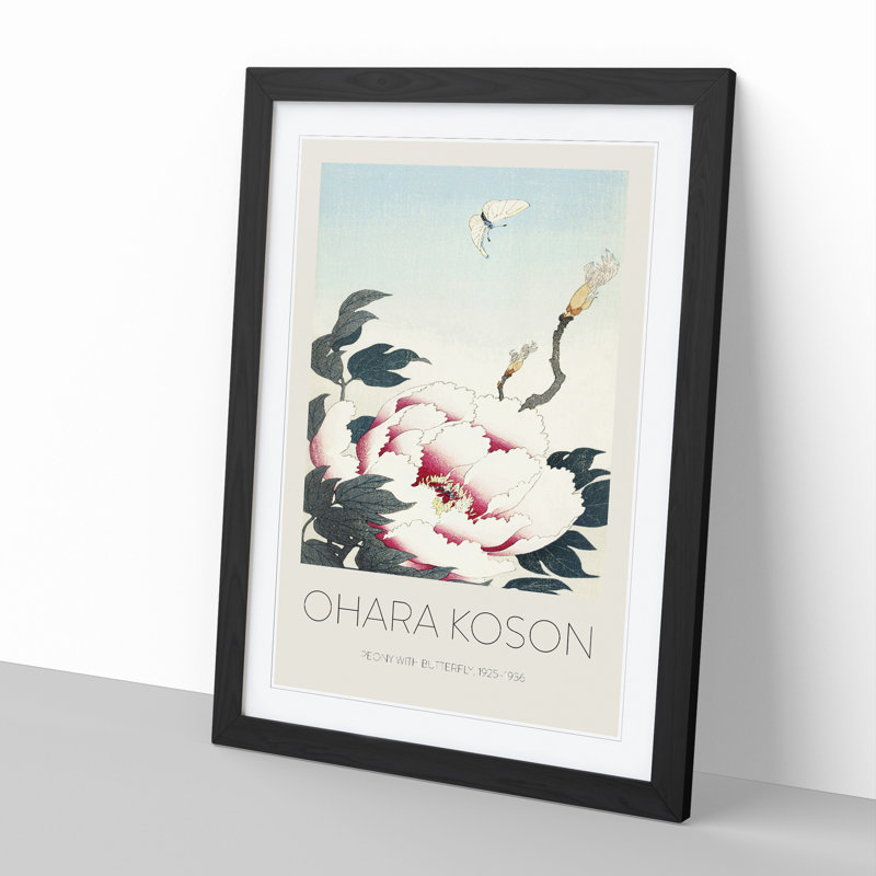Peony with Butterfly by Ohara Koson - Picture Frame Painting, 36cm H x 27cm W x 2cm D, Black