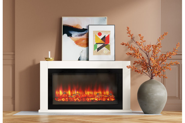 abstract modern artwork on an electric fireplace mantel