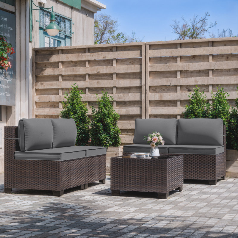 Wicker 4-Person Patio Conversation Sets With Cushions And Coffee Table, Gray