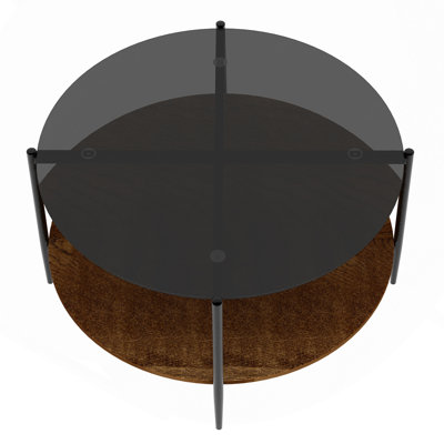 Table basse moderne Mid-Century avec plateau en verre + étagère de rangement en bois, structure en métal noir, conception ronde, peu encombrante, 32,28 po, table basse moderne transparente avec plateau en verre