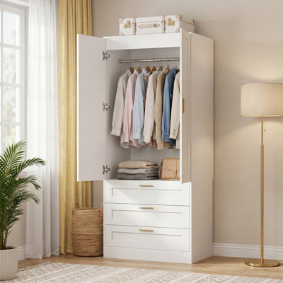 27.5" × 68" Closet System With 3 Drawers, Wardrobe Cabinet With Doors & Hanging Rod