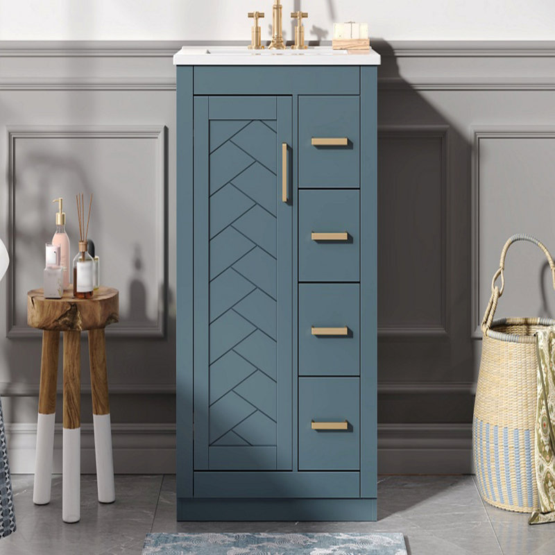 Meuble-lavabo 24 po avec lavabo intégré en céramique, meuble-lavabo simple avec 1 porte et 3 tiroirs pour salle de bain petite et moyenne, bleu