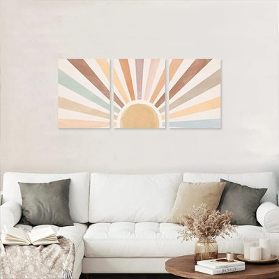 «Boho Sun», ensemble de 3 reproductions d'art encadrées sur toile, soleil arc-en-ciel levant à l'horizon, illustrations géométriques de la nature, art mural, bureau, aquarelle 12 po x 16 po