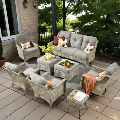 Tommy Outdoor Wicker 9 Person Seating Group With Cushions With Swivel Rocking Chairs And Side Table by Lark Manor