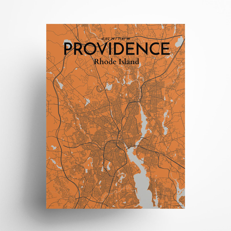 Providence, carte de la ville, impression, Orange et gris, H 24 po x l 18 po