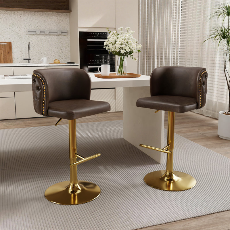 Ensemble de 2 tabourets de bar Modern, Cuir brun assorti / cadre doré