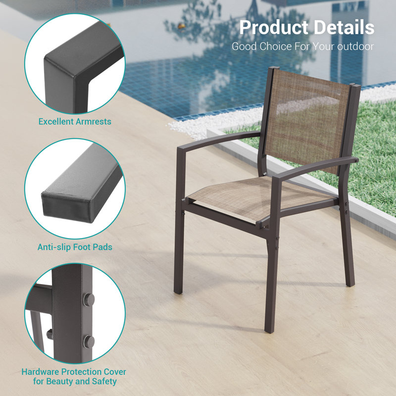 Chaise de patio d'extérieur empilable en métal 6 pièces, Taupe / Noir
