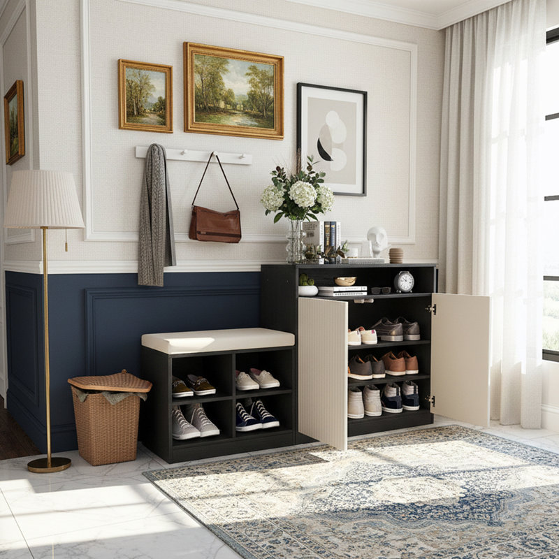 3-Tier Adjustable Shelves Shoe Cabinet With Bench And Removeble Cushion And Hooks, Beige/Black