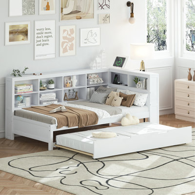 White Twin Size Wooden Daybed with Trundle, Storage Shelves and USB Ports