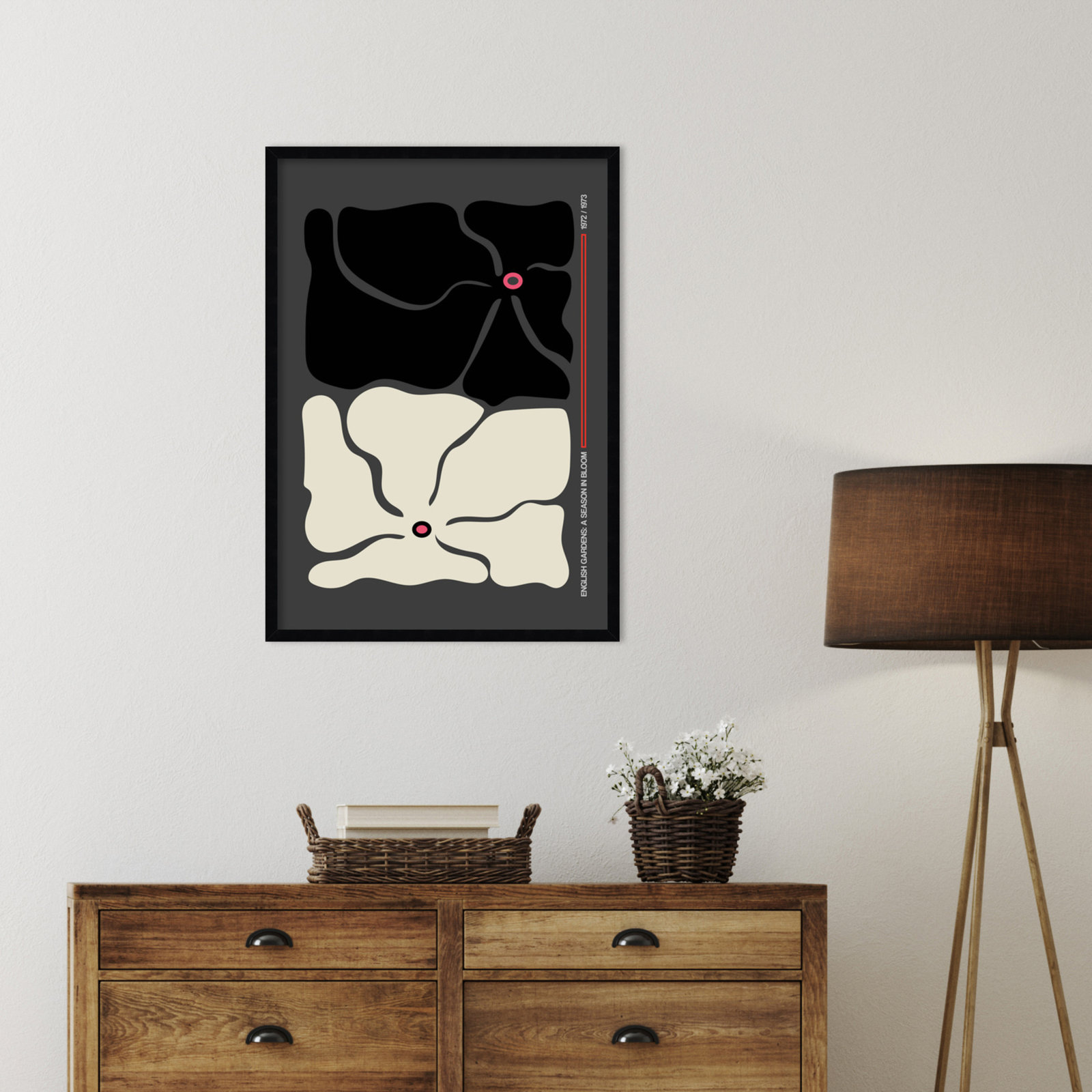 Two by Two Flower Grey Print, Black, 33" H x 24" W x 1" D