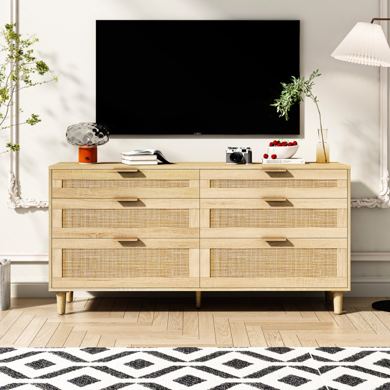 Commode 59 po avec 6 tiroirs pour le couloir - Style moderne et naturel, rails de guidage lisses, charge raisonnable, armoire de tiroir de chambre à coucher à assemblage sécuritaire, matériaux, poignées en métal