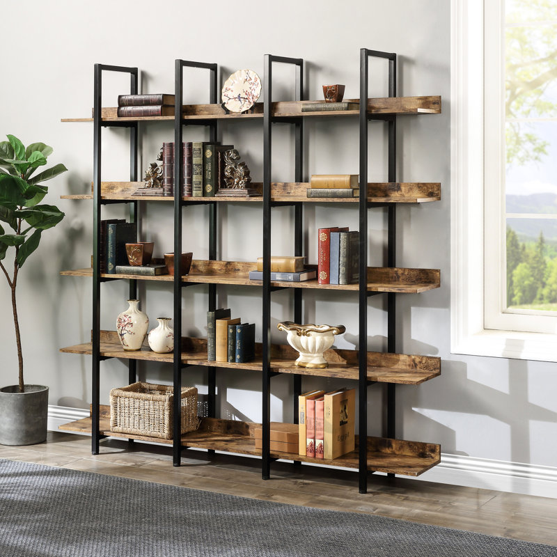 Bibliothèque à 5 niveaux de style industriel avec structure en acier, pour l'organisation du bureau à domicile, chaque tablette peut supporter 80 lb, facile à installer dans un style rétro, fabriquée en acier, présentoir à livres,