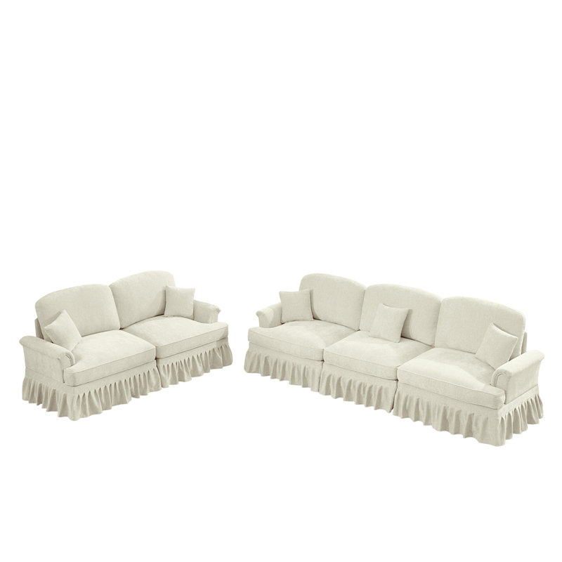 Ensemble de canapé de salon modulaire 2 pièces avec accoudoirs évasés et volants amovibles Classic, Beige / Blanc