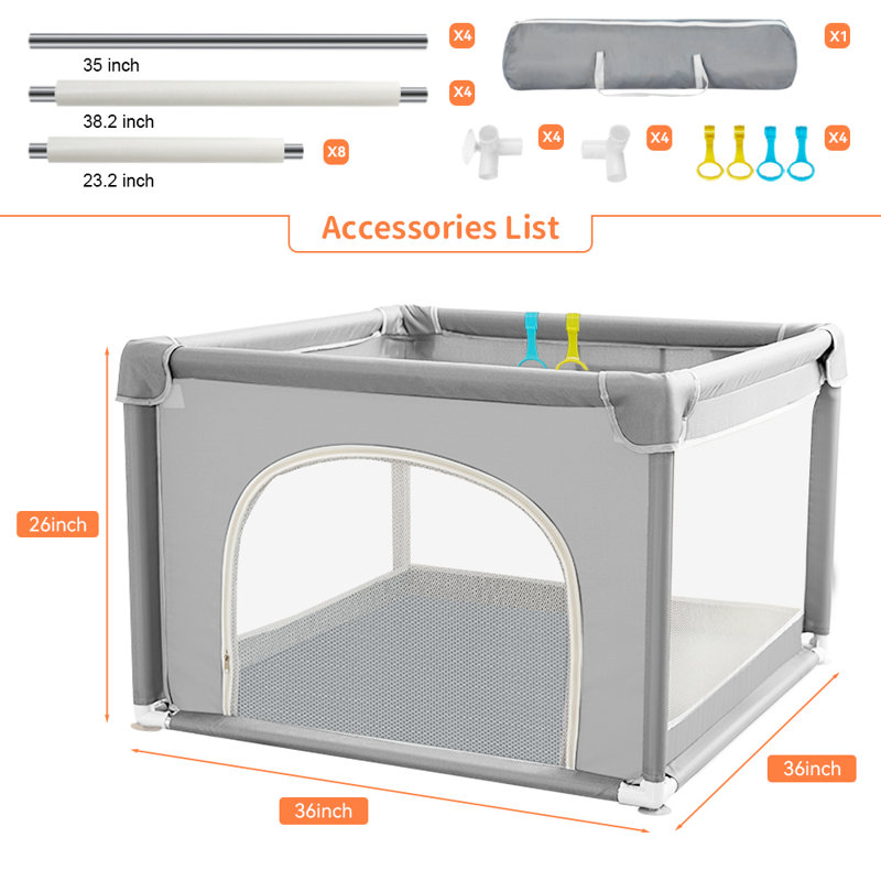 Parc pour bébé anti-chute pour l'intérieur et l'extérieur avec filet respirant, Gris clair