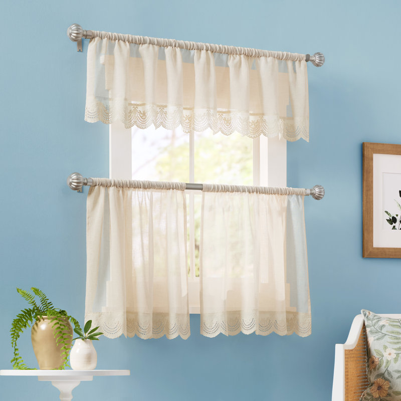 DRAPER JAMES Bonnet Eyelet Lace Sheer 3-Piece Valance & Tiers Café Curtain Set with Rod Pocket Top, Natural