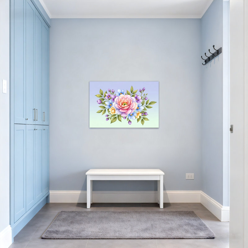 Bouquet de plantes et de fleurs avec rose rose et fleurs bleues Z251224084240944339, H 12 po x l 18 po