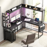 Bianco L-Shaped Desk with Hutch & Power Outlet, Gaming Desk Corner Computer Desk with Led Lights