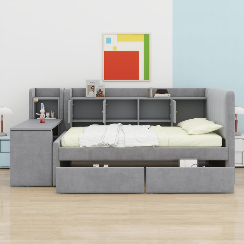 Lit de jour rembourré avec tiroirs, tablettes, armoires rabattables et table d'appoint, Gris