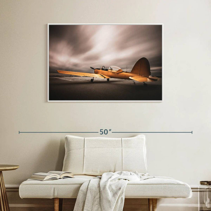 Avion jaune rétro, Cadre flottant blanc, 40 po x 27 po