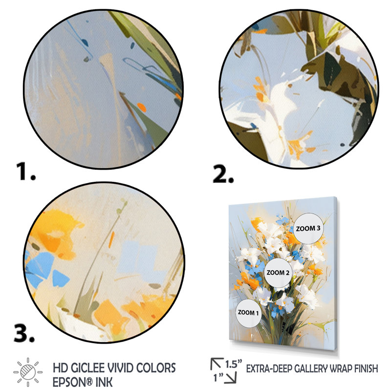 Fleurs bleues et blanches sur fond blanc, Cadre simple noir, H 40 po x l 30 po x P 1,5 po