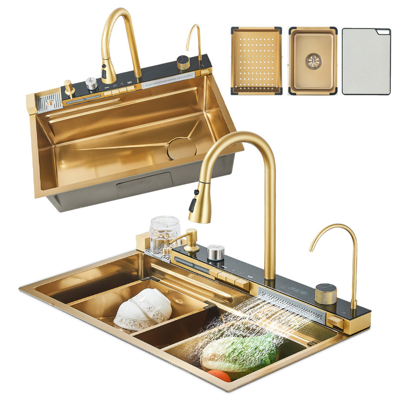 Évier de cuisine Mosson 29,5 pouces, fini or brossé, avec robinet extractible, distributeur de savon et planche à découper