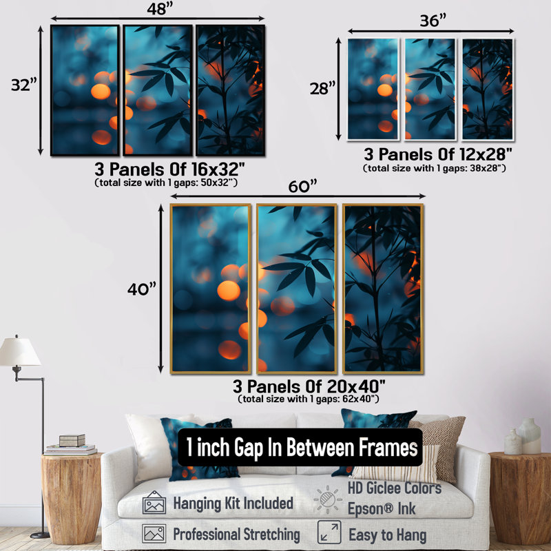 Ensemble de décorations murales en bambou orange et bleu Nirvana, H 28 po x l 36 po, Cadre flottant noir