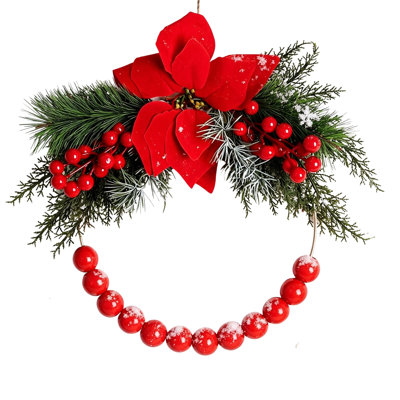 Couronnes de Noël de 15,7 pouces pour la porte d'entrée, couronne de poinsettia, baies, boules, couronne de Noël avec fausse herbe de pampa blanche, récif de porte pour les murs de foyers de fenêtres, porche intérieur et extérieur