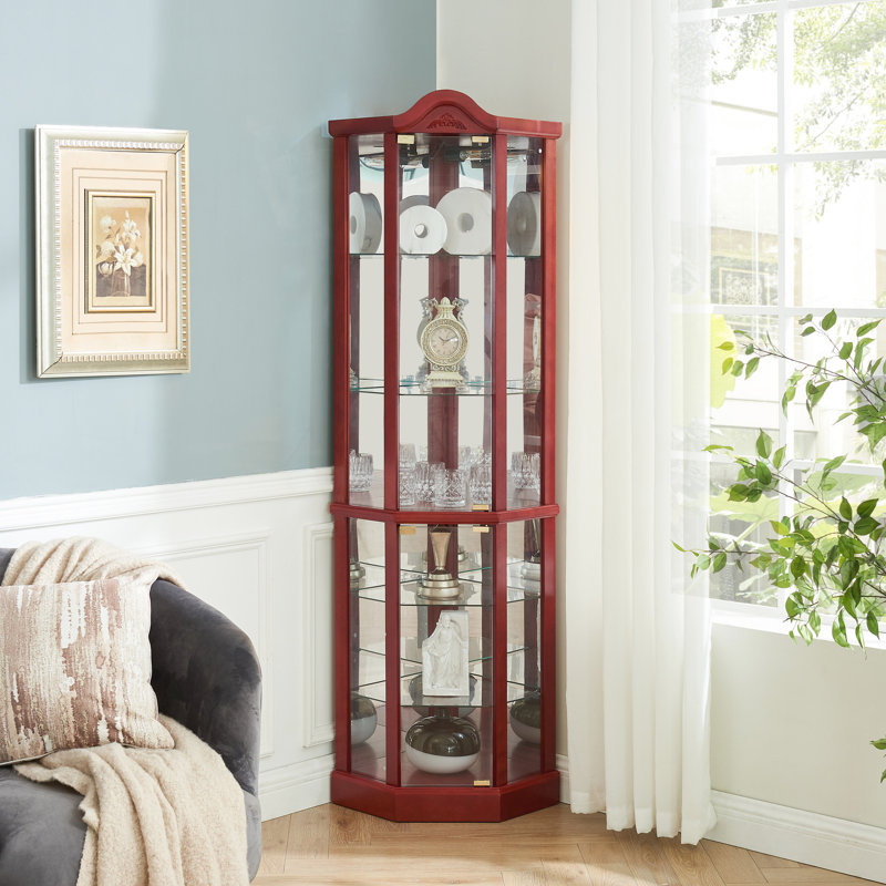 Glass Curio Cabinet With , Cherry Finish, Adjustable Shelves, Elegant Carvings Lighted For Corner Storage Presentation, Shelves In