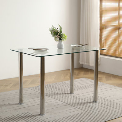 47" Modern Rectangular Glass Dining Table for 4,   Kitchen Table with Silver Metal Legs  for Small Spaces