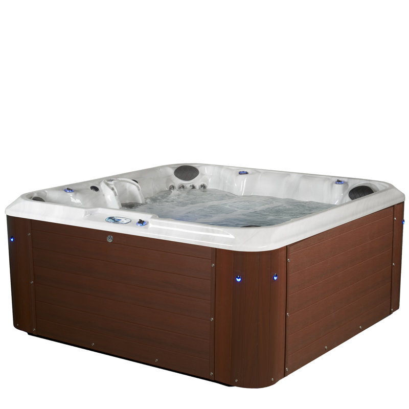 Amplified™ 6-Person 100-Jet Lounger Hot Tub Spa with Bluetooth Stereo, 3 Pumps, LED Lighting, Stainless Steel Heater and Ozonator, Insulated Cover Included and Steps Included