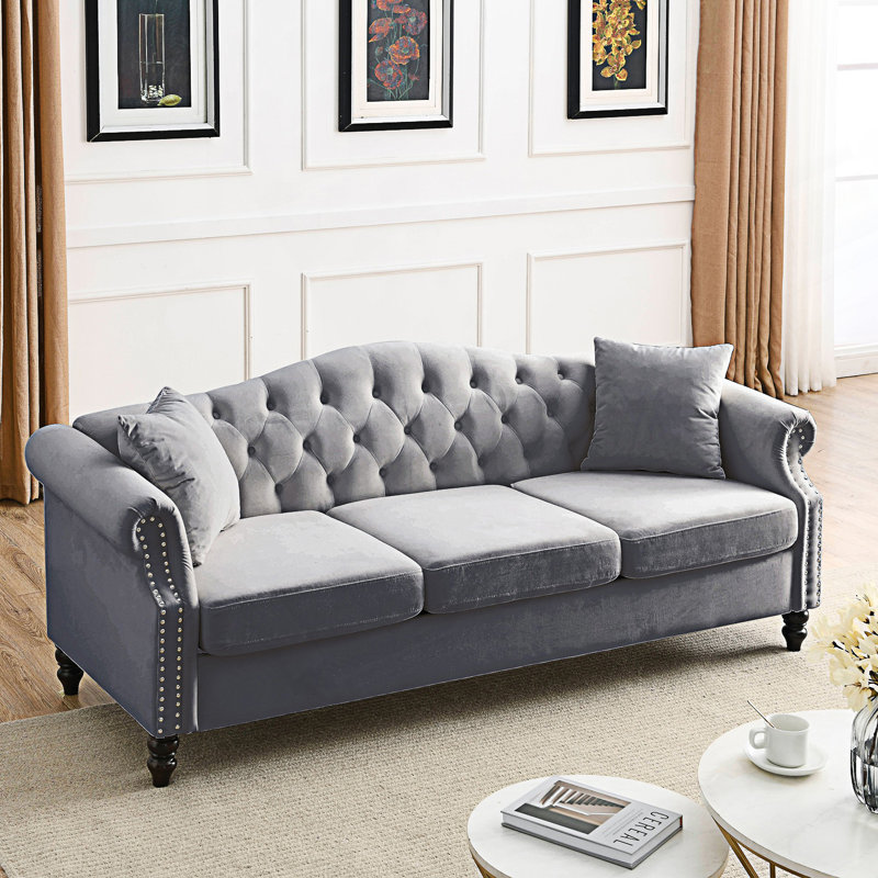 Tufted Couch With Rolled Arms, Chesterfield Sofa, Seater Sofa, Grey, 3