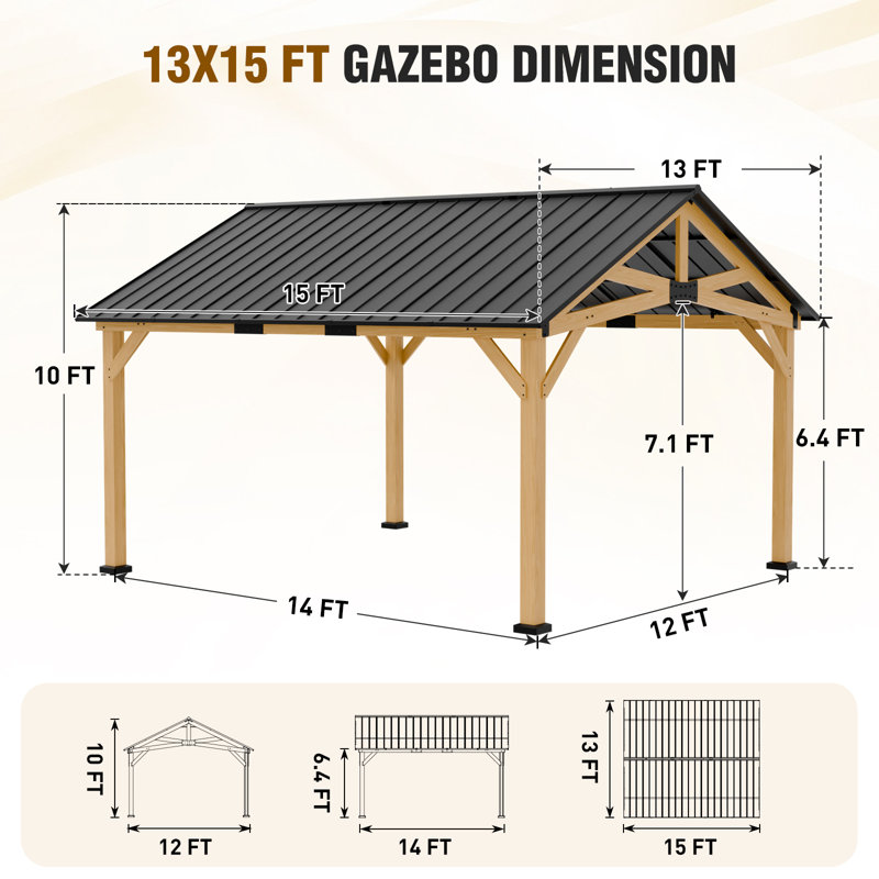13x15 FT Wooden Hardtop Gazebo, Wood Heavy Duty Solid Cedar Gazebos, 13x15 FT