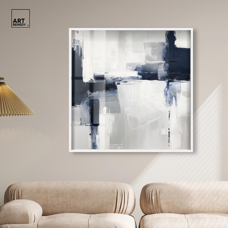 «Blue Cascades on Still White Shadowbox», art mural bleu par Art Remedy, H 41 po x l 41 po, Blanc