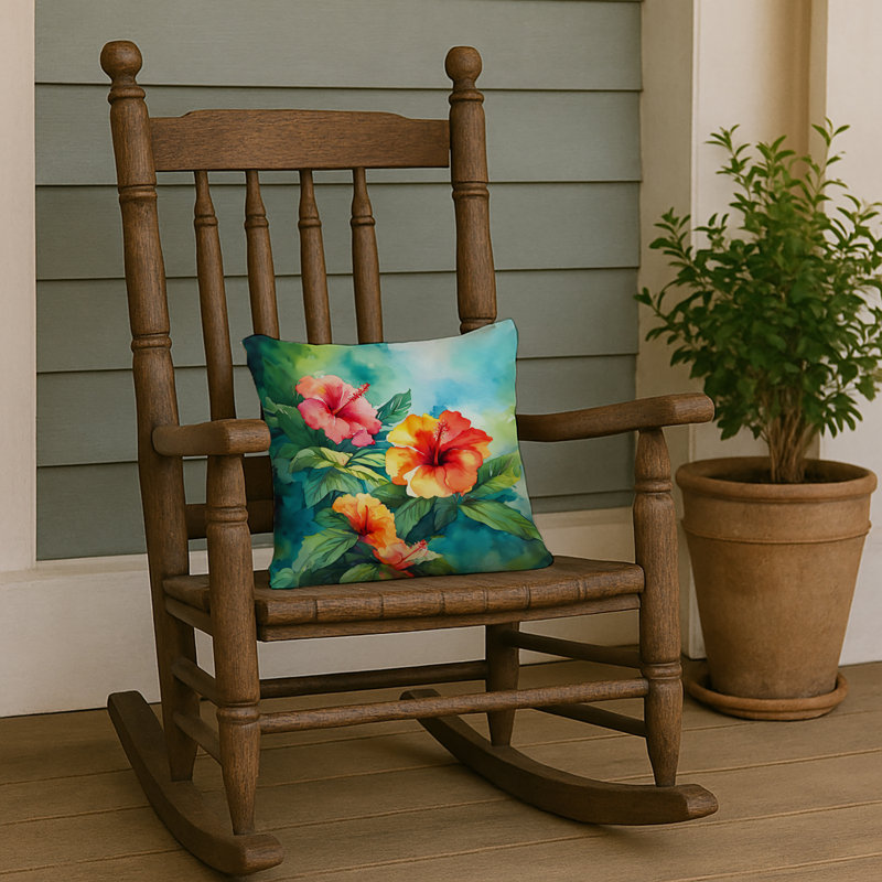 Coussin Hawaii, Hibiscus à l'aquarelle, Carré 14 po