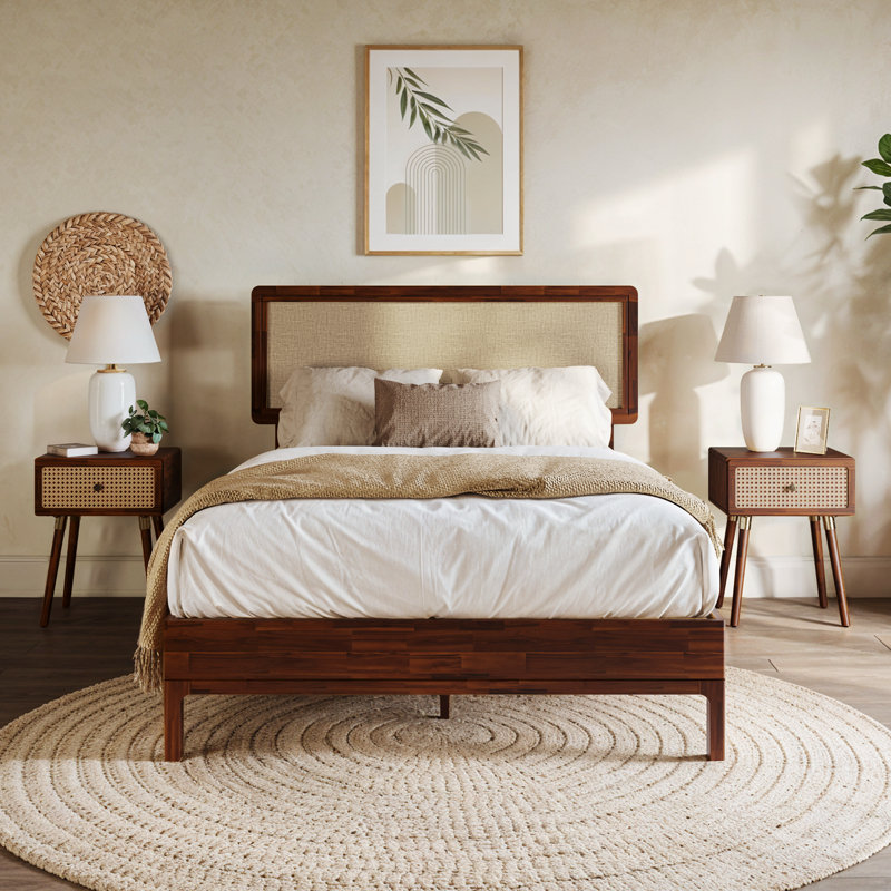 Anspach Solid Wood Platform Bed with Headboard, Bohemian Bed Frame, Full / Double, Walnut