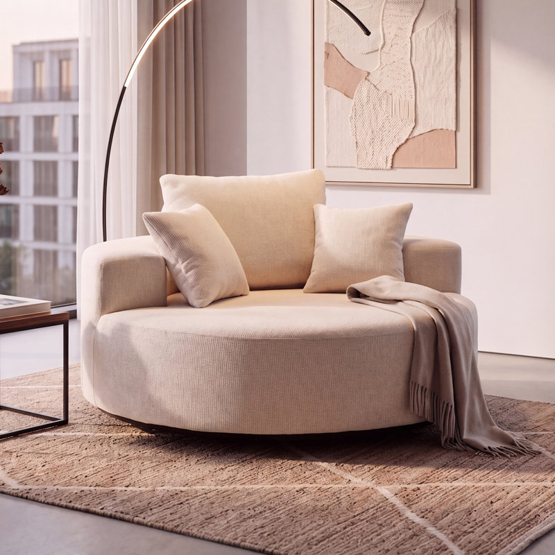 55" Wide Compression Swivel Round Pillow Back Sofa With Cotton Blend Upholstery Cushions Modern Comfy Lounge Seating, Beige