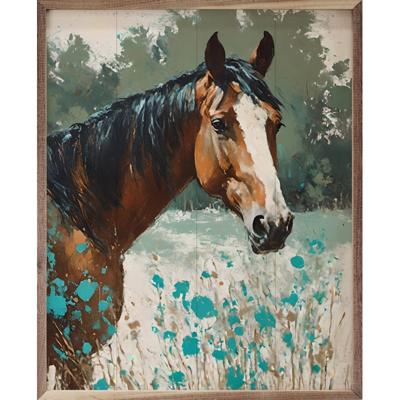 Cheval avec des fleurs turquoise, H 10 po x l 8 po