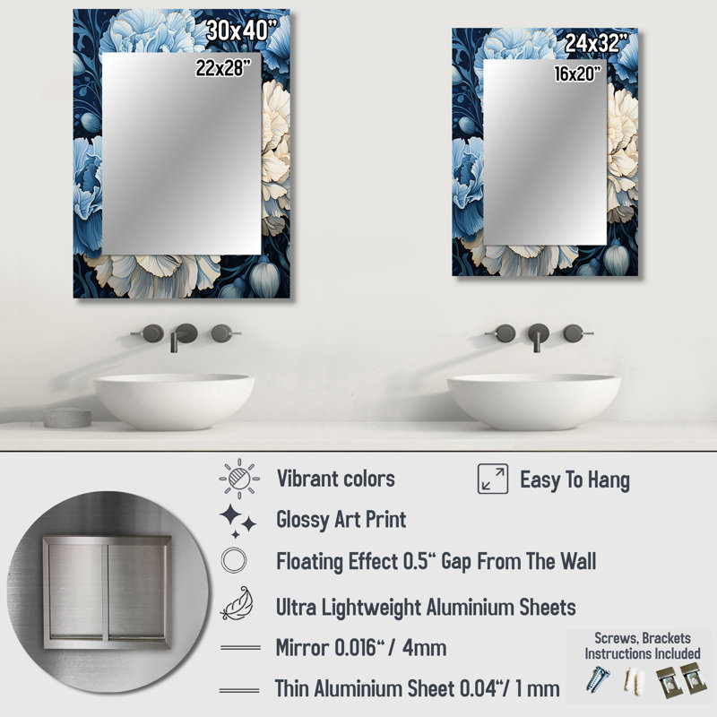 Blanc blanc bleu œillets Arrangement II - miroir œillets, miroir mural traditionnel unique, impression d'art en métal